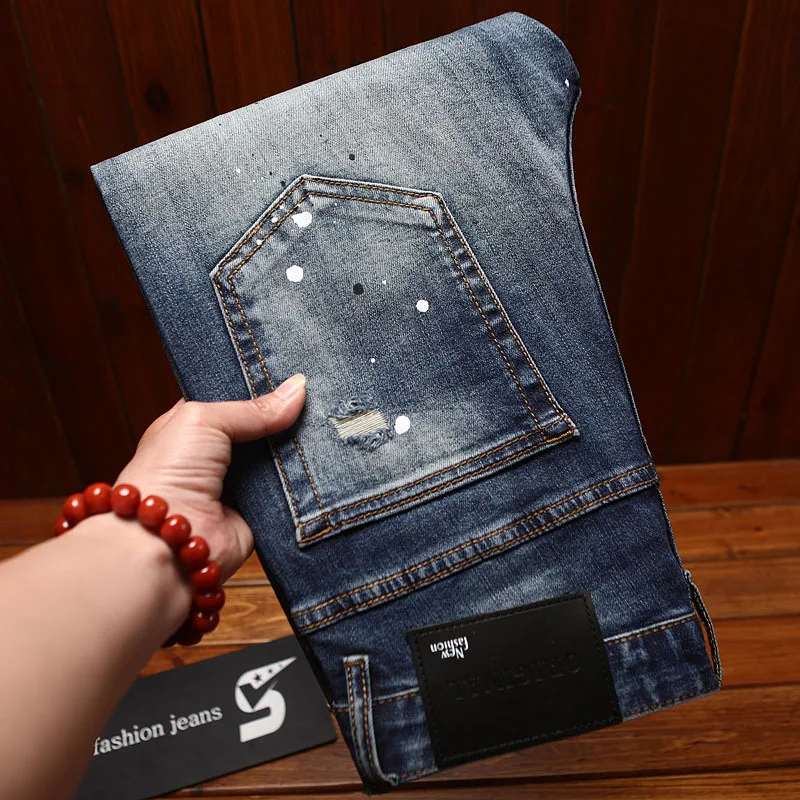 جينز مكسور للرجال، اتجاه كلاسيكي، طراز الشارع القديم، مقاس نحيف، أقدام صغيرة، سروال جينز مرن ثقيل الوزن