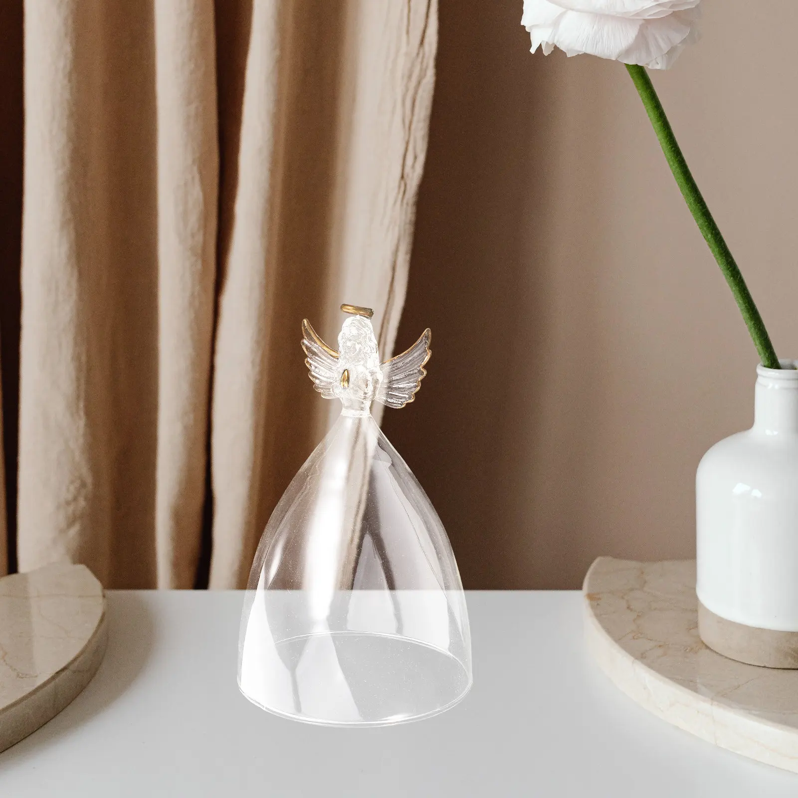 Large Clear Glass Cloche Dome with Angel Sculpture Base for Floral Arrangement Cover DIY Birthday Gift Elegance Home Decor