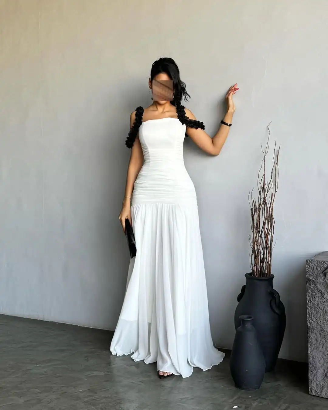 

QR Customized Elegant Women Evening Dresses A-line Chiffon Off-the-shoulder Luxurious Prom Flowers Floor Length Pleats Party