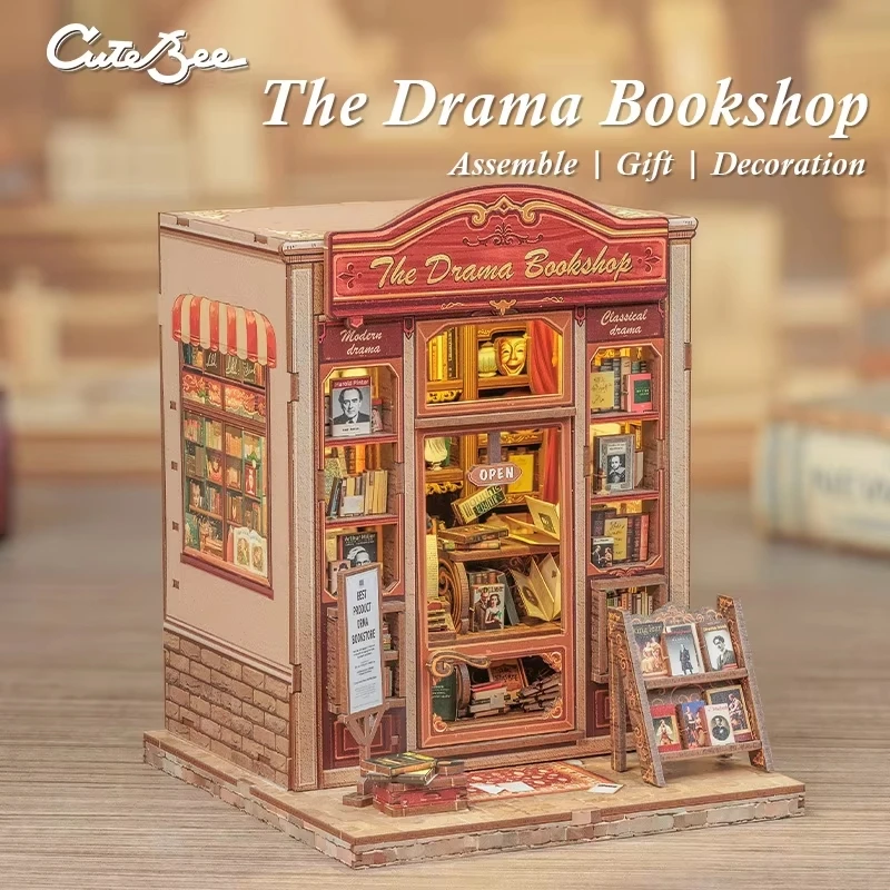 

CUTEBEE Booknook DIY Miniature House with Light Wooden Bookshelf Insert Drama Bookshop Book Nook Decor for Child Family Gifts