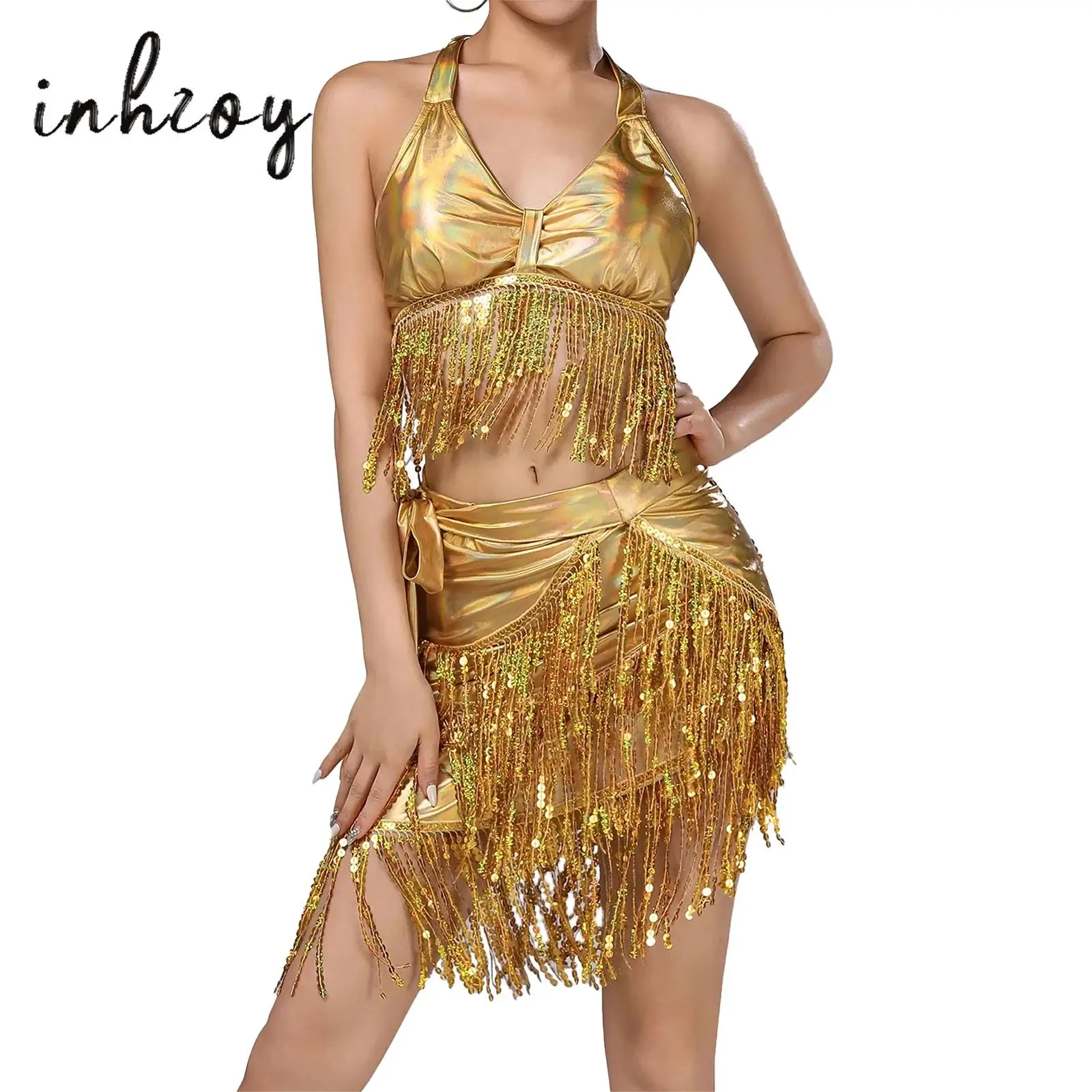

Women's Sequin Tassel Belly Dance Outfit V Neck Crop Top and Tiered Fringe Lace-up One-piece Skirt for Ballroom Latin Chacha