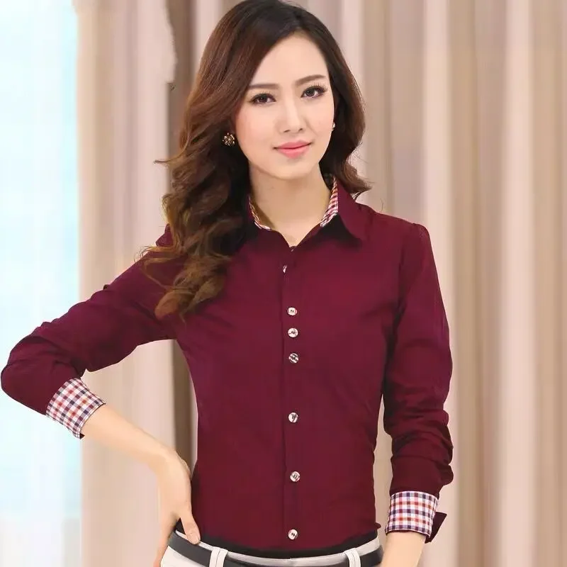 Spring New Plaid Patchwork Slim White Shirt Tops Long Sleeve Polo Neck Solid Color All-match Blouse Office Fashion Women Clothes