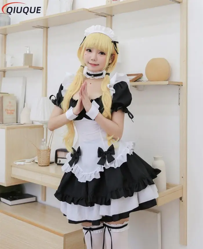 Disfraces de sirvienta negra de Anime para niñas y mujeres, falda de mucama con lazo francés, traje de Cosplay de Amina, trajes de fiesta de camarera