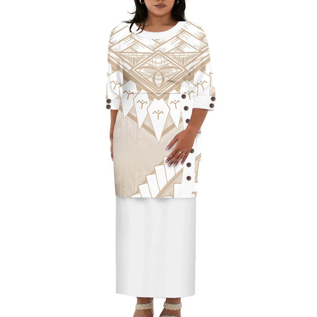 ชุดเดรสยาวไซส์ใหญ่สไตล์ฮาวายสำหรับผู้หญิง ออกแบบเองได้ ชุดโพลินีเซียนแบบโพเลตาซี ปตากา คอทรงโอ ชุดออกงาน 2 ชิ้น