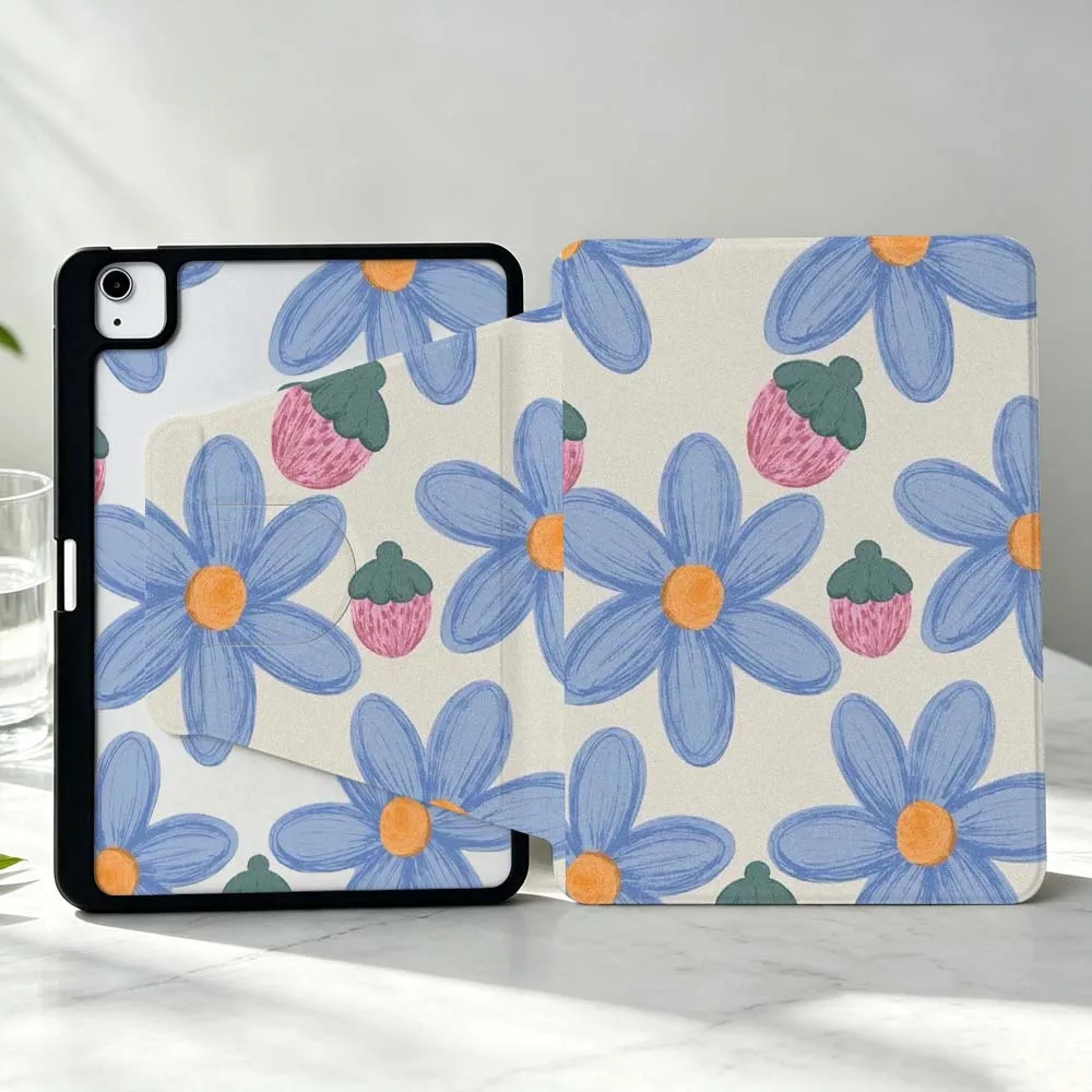 Cartoon Blue Flower Strawberry For iPad Pro Air mini 6 5 4 12th M5 M4 M3 M2 A16 A17Pro 360° Rotation Stylus Storage Tablet Case