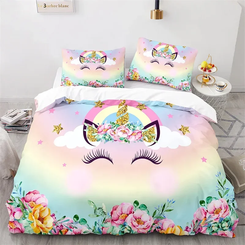 Cartoon Unicorn Floral Rainbow Girl's Eyelash Comfortable Duvet Quilt Cover Pillowcase Bedding Set Children Bedroom Home Textile