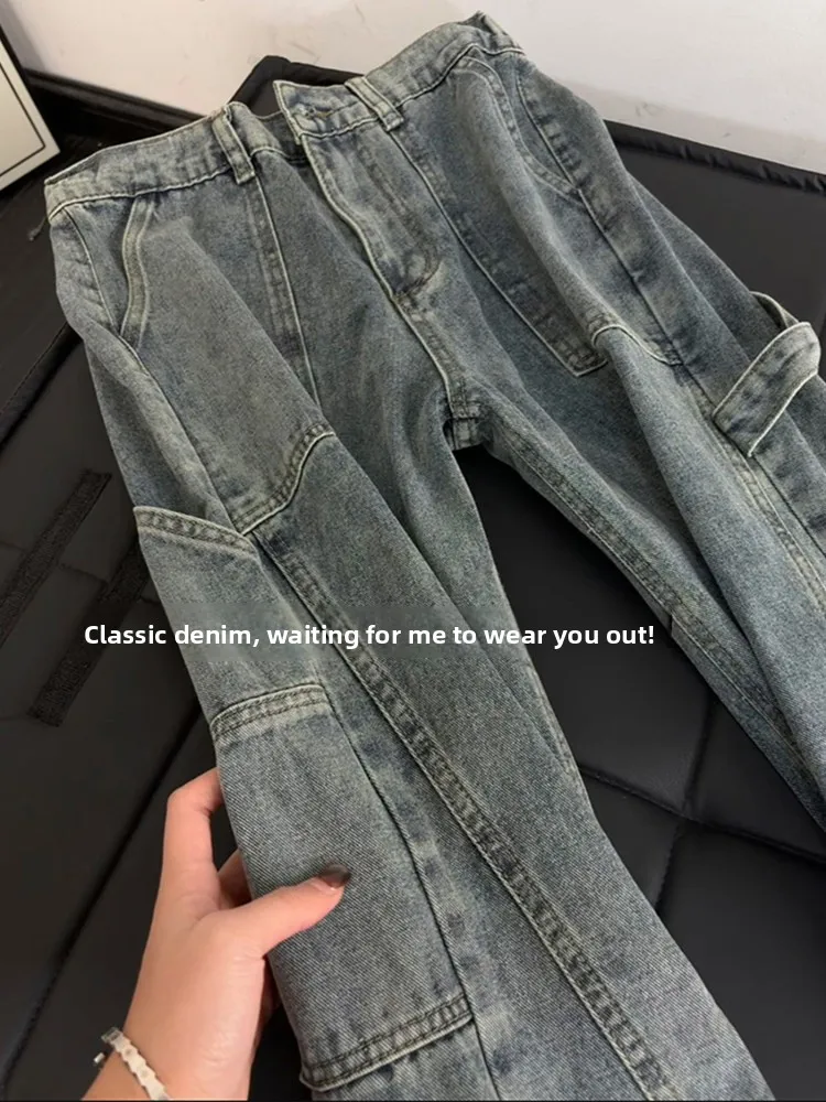 Cleanfit Destructed Multi-Pocket Workwear Jeans Men's American Trendy Brand Washed Logging Pants Straight Leg Micro Flare Pants