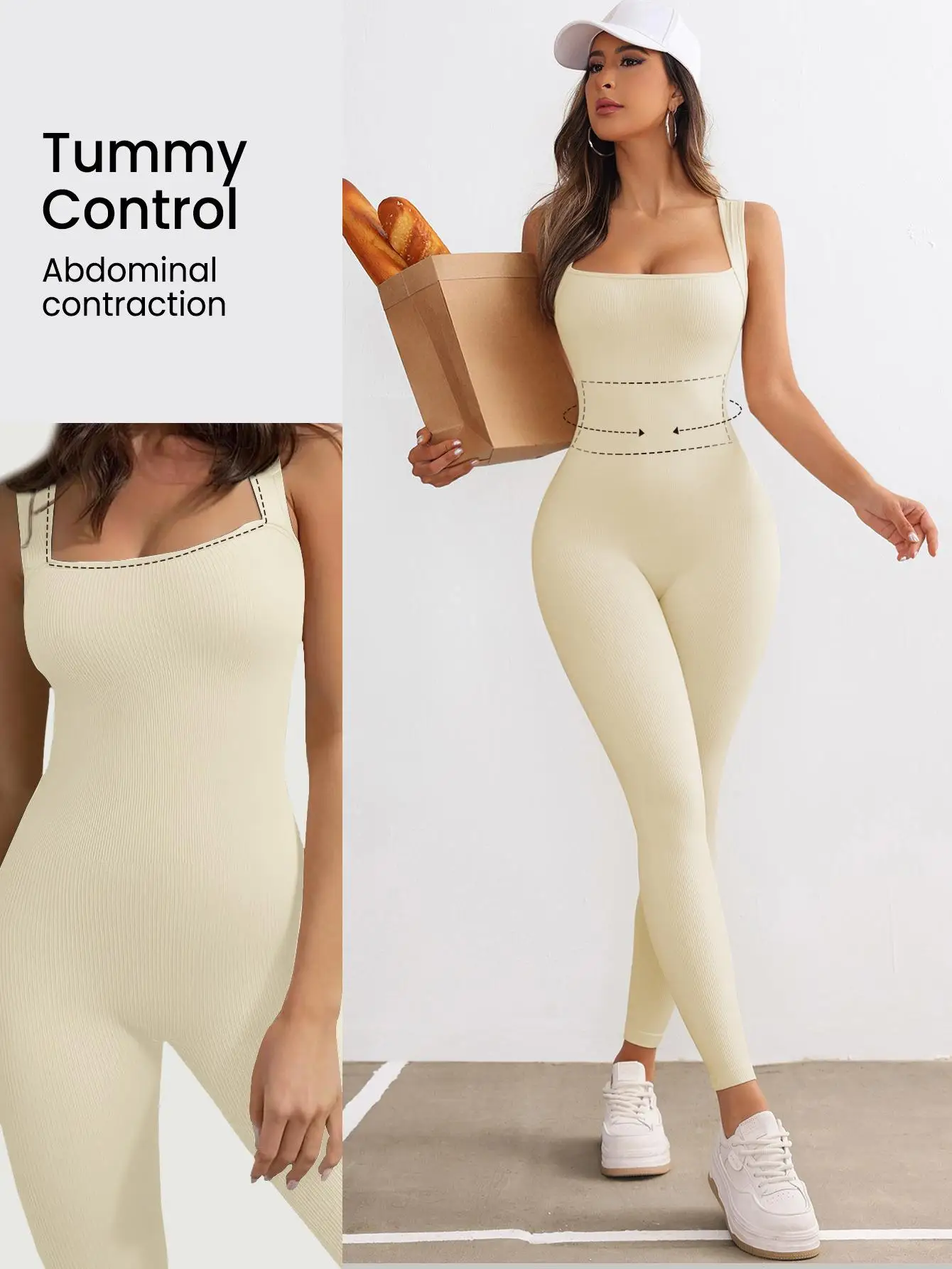 Women's Workout Jumpsuits Square Neck Sleeveless Unitards Bodycon Pants Romper