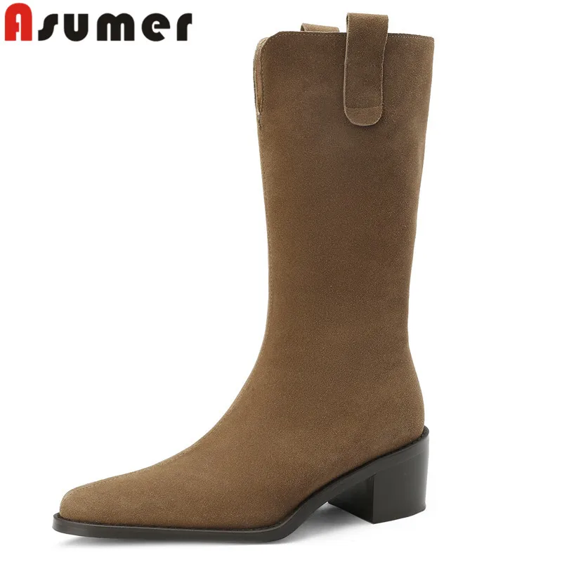 

ASUMER 2024 New Top Sale Cow Suede Leather Zipper Boots Women Square Med Heels Winter Boots Female Pointed Toe Mid Calf Boots