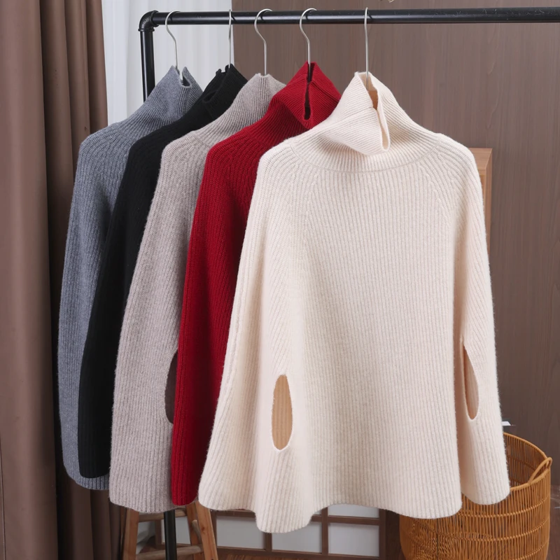 2025 New Fashion 100% Merino Wool Sweater Women's Turtleneck Knitted Cloak Spring and Autumn Shawl Temperament Collocation