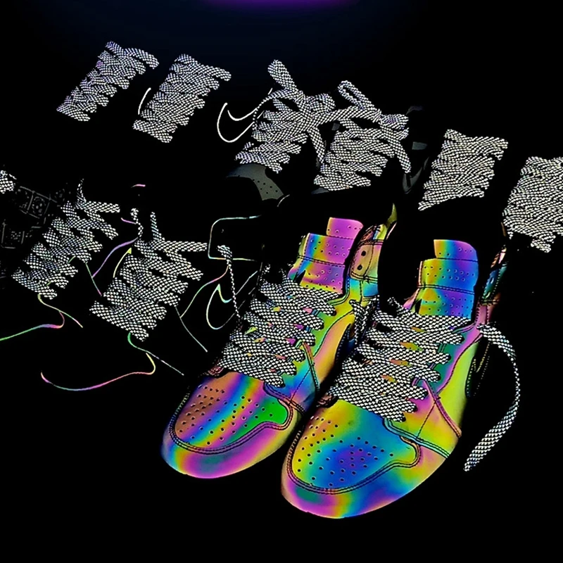 100CM Reflective Flat Shoelaces Running Shoes Lace Adult Children Shoelaces Fluorescent Sneaker Buckle Metal Shoestrings Sports