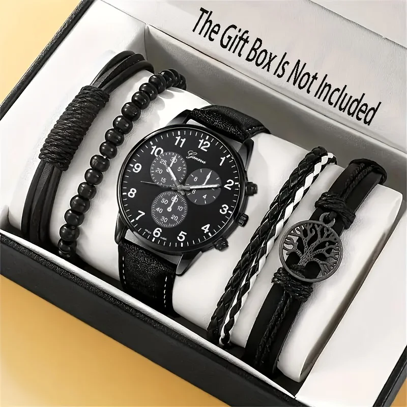 5pcs/set Men's Quartz Watch+accessories, Round Dial, Button Battery, Suitable for Daily Leisure and Formal Occasions (no Box)