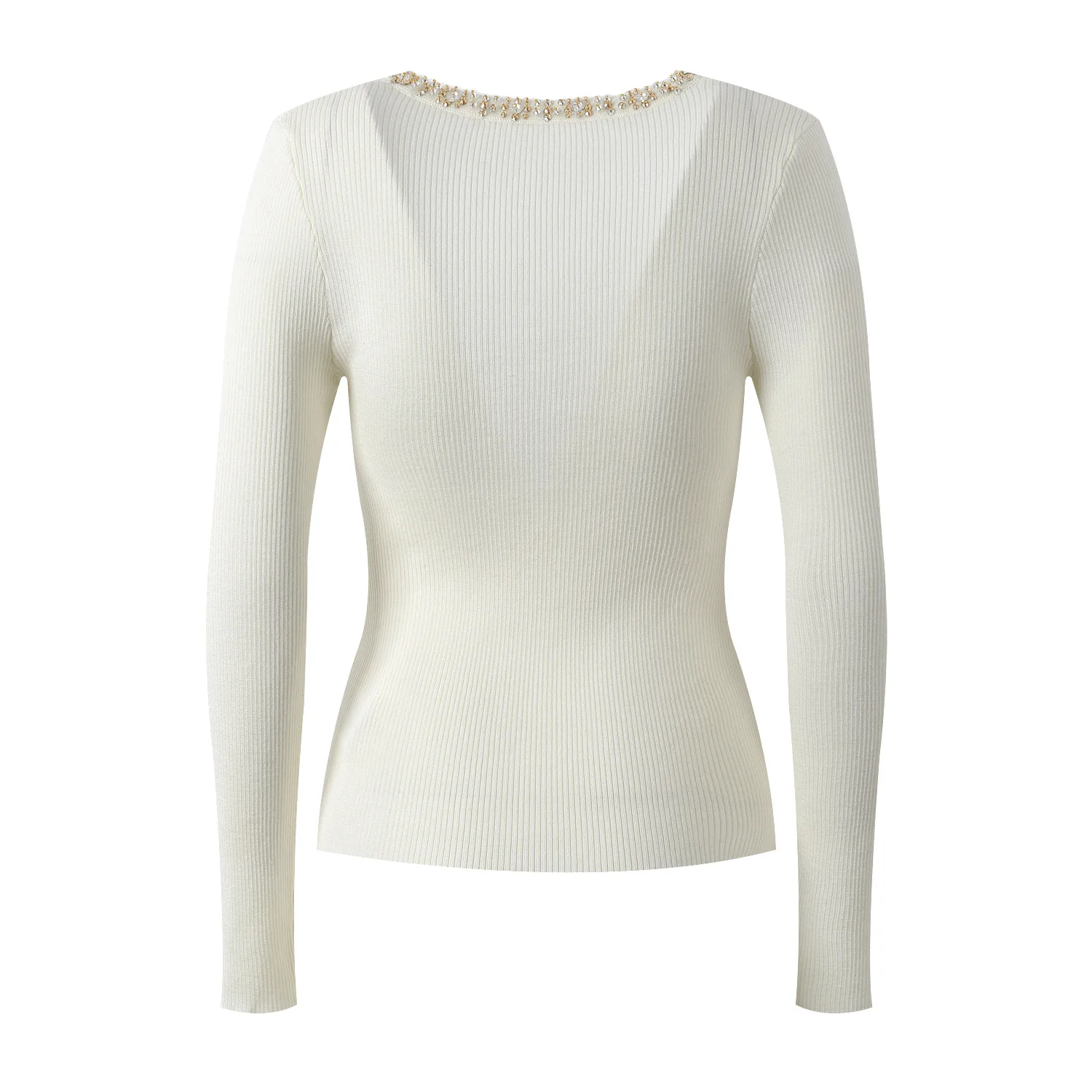 Lady Elegant Style Basic All-match Sequins Beading O-neck Long Sleeve Slim Fitted Solid Knits Top For Women