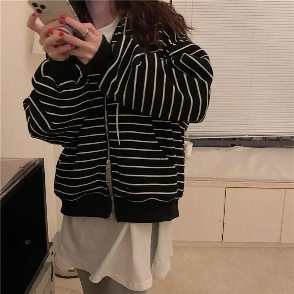 Korean Style Hoodies For Girls Top Zip Up Oversized Hooded Sweatshirt Women Vintage stripe Long Sleeve Jacket Casual Large Coats