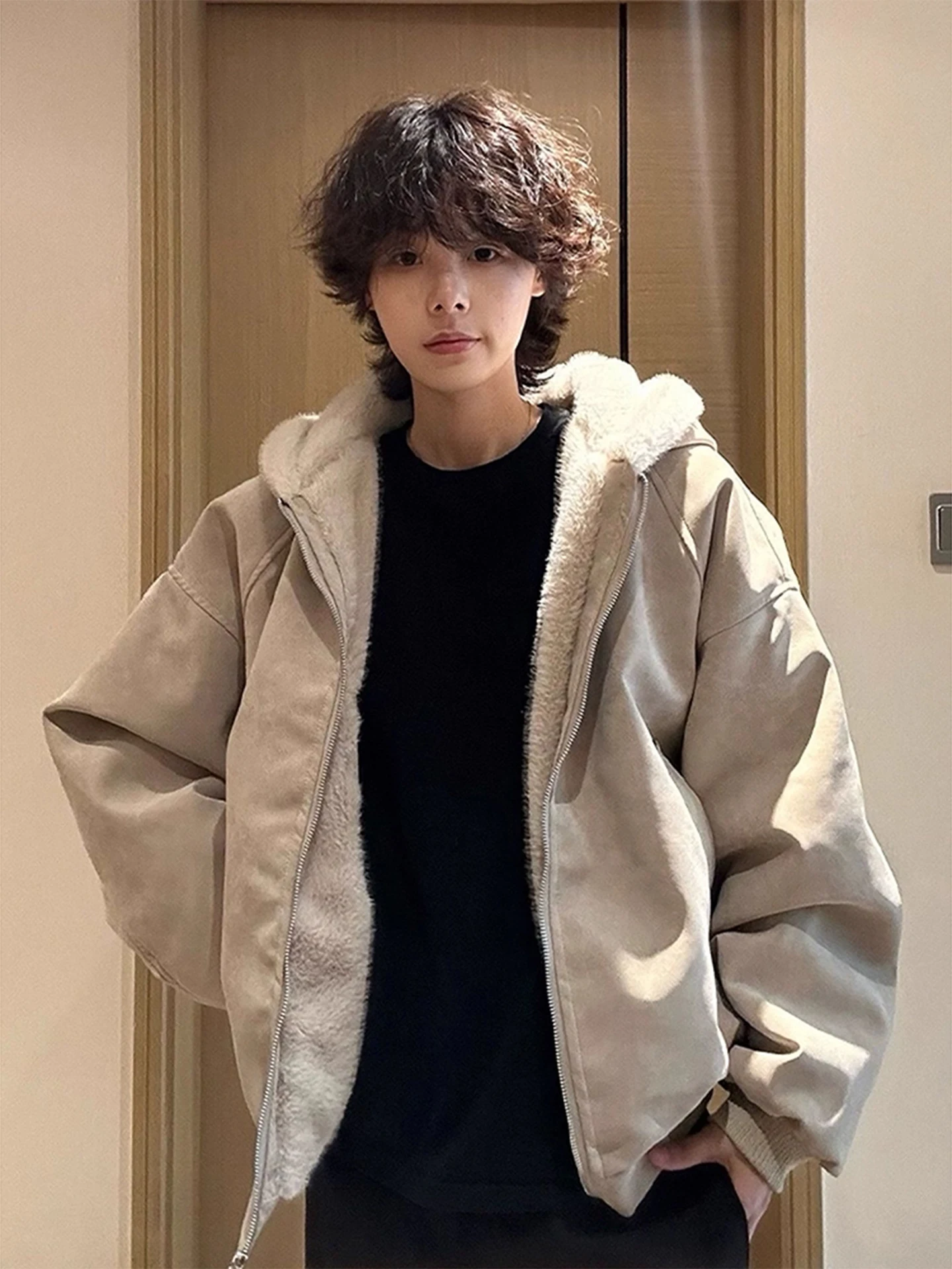 Black PU Leather Hooded Jacket Men's Winter Thickened Warm Cotton Coat High Street Style Zipper Closure Long Sleeve Cleanfit