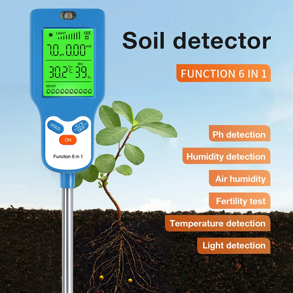 6 in 1 Soil Detector LCD Screen Display Light Intensity/Humidity Temperature/Ph Value/Fertility Value/Ambient Humidity Detection