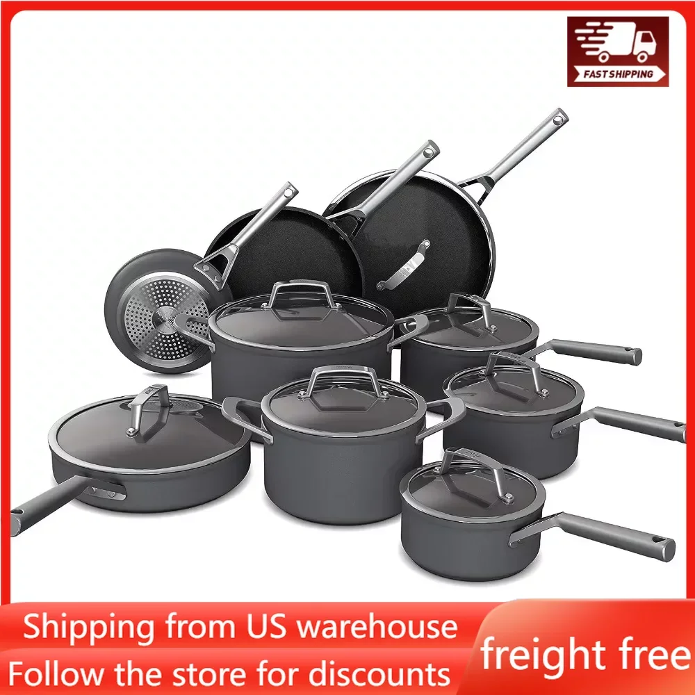 

16-Piece Cookware Set, Hard-Anodized, Nonstick, Durable & Oven Safe To 500°F, Black, Suitable for Gift Giving, Free Shipping