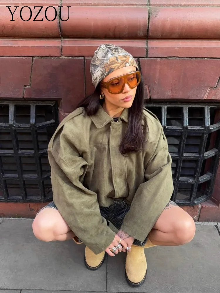 

[YOZOU] Autumn Fashion Design Casual Green Oversized Baggy Loose Short Bomber Jacket Zip Coats for Women Outwear Korean Style