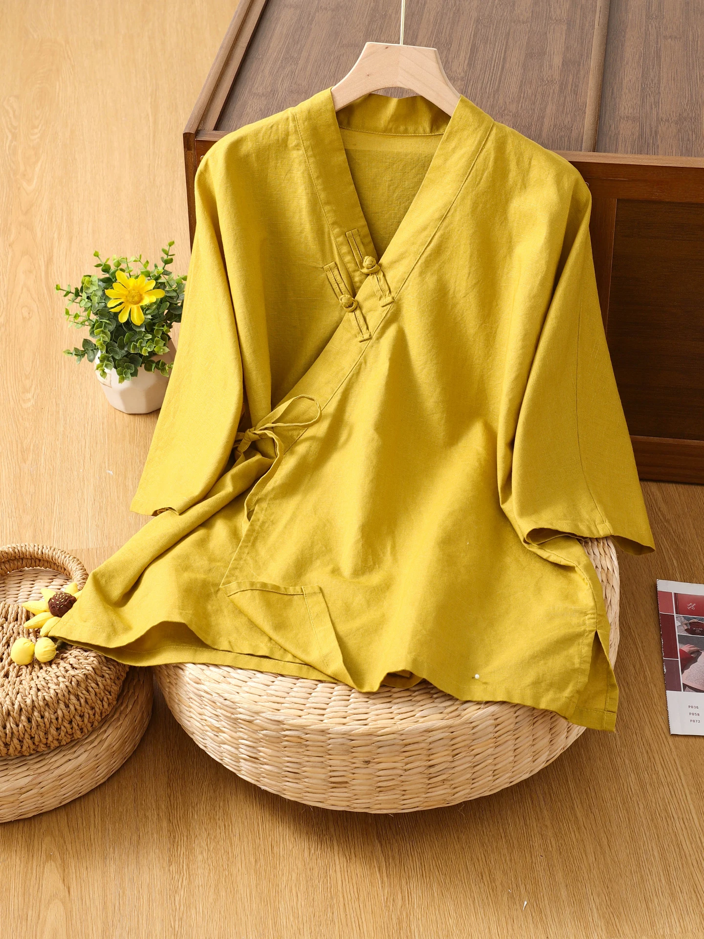 레트로 중국 스타일 면 린넨 반팔 셔츠 여성 여름 민족 스타일 오비 타이 사이드 버튼 티 의류 탑