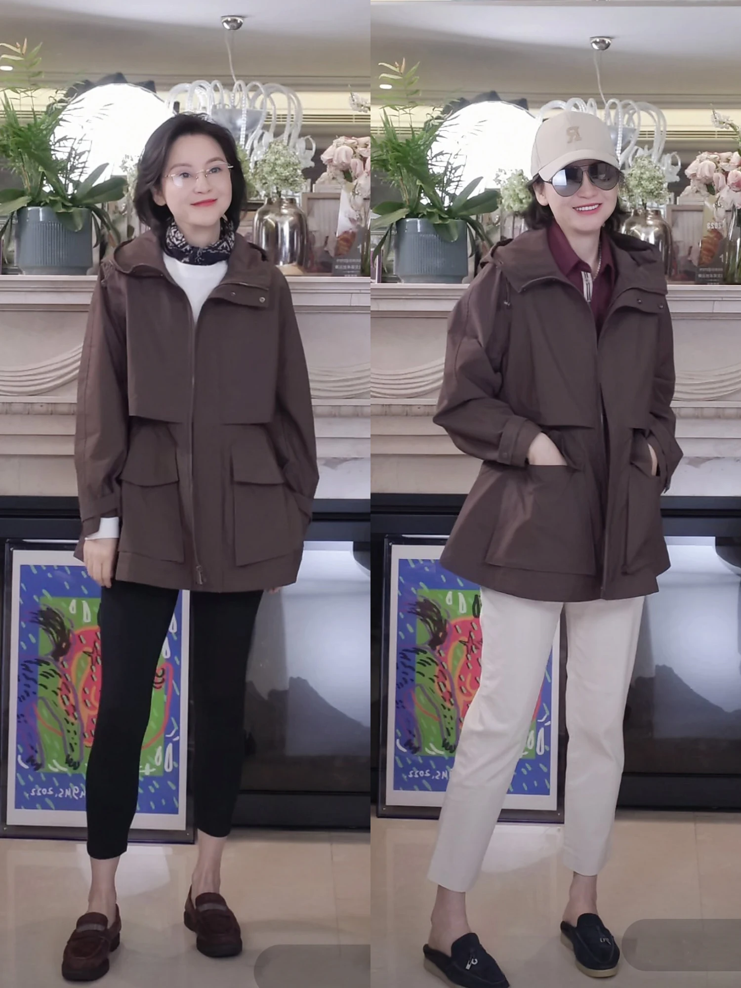 

Resin Zipper Hooded Jaet Casual Sle Long Sve Windproof Women's ort Coat Umei Wooden Brown Color Blo Versatile Oute...