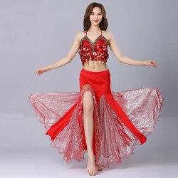 2pcs Belly Dance Clothes Sequins Stage Performance Tassel Bra Hip Skirt Suit Women Oriental Indian Dancing Costumes