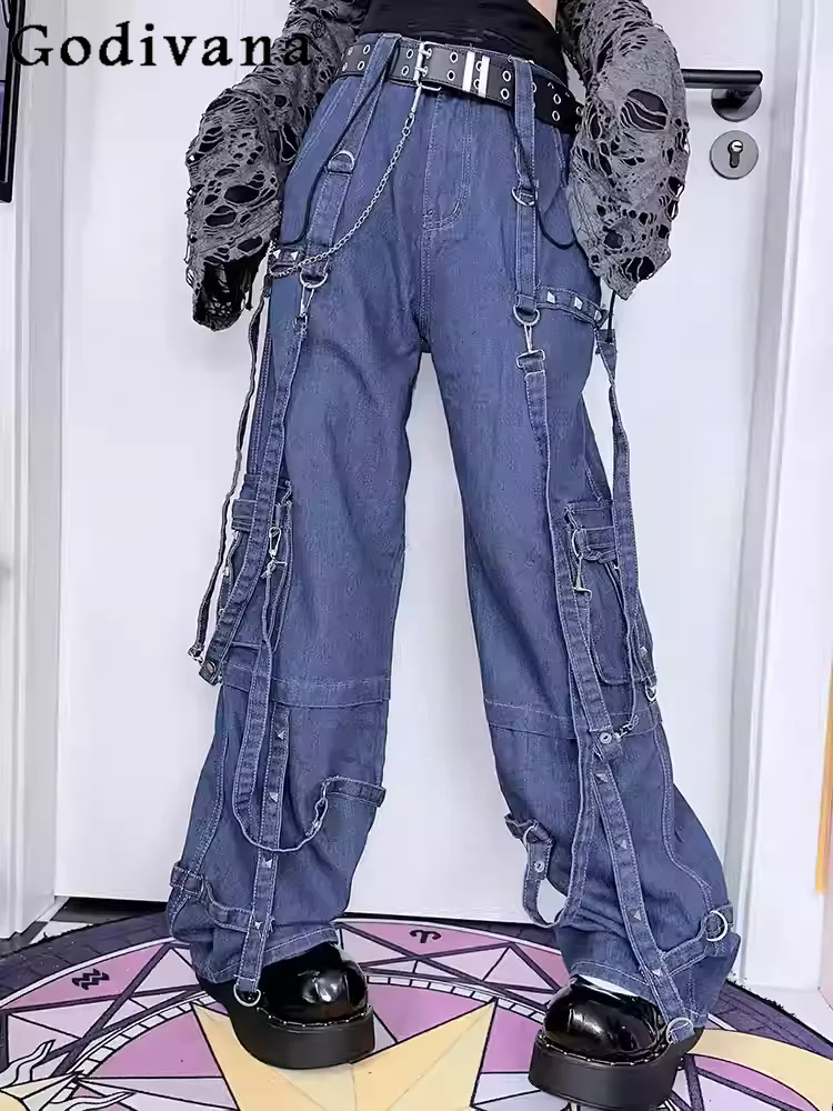 Spring New Elegant Ribbon Loose Sexy Girl Chic Street Versatile Pants Fashion Casual Blue Handsome Retro Personality Jeans