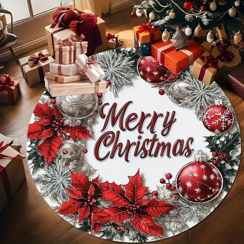 Christmas Wreath Bow Round Carpet Green Pine Foliage Red White Bauble Red Berries Big Red Bow Frame Stylish Festive Decor Rug