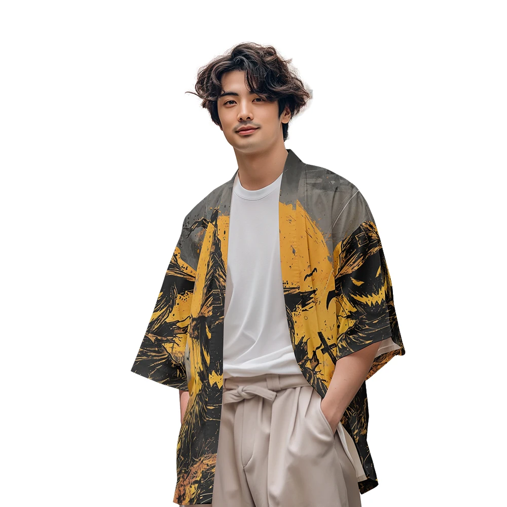 

Classic Vintage Niche Design Horror Style Halloween Pumpkin Scarecrow Print Toga Men's Fashion Casual Kimono Men's Tops