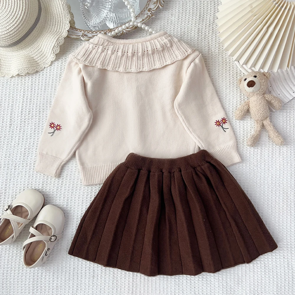 Autumn and Winter Sweet Flower Embroidery Girls' Clothing Korean Version Beige Knitted Cardigan + Brown Short Skirt 2 Pcs Sets
