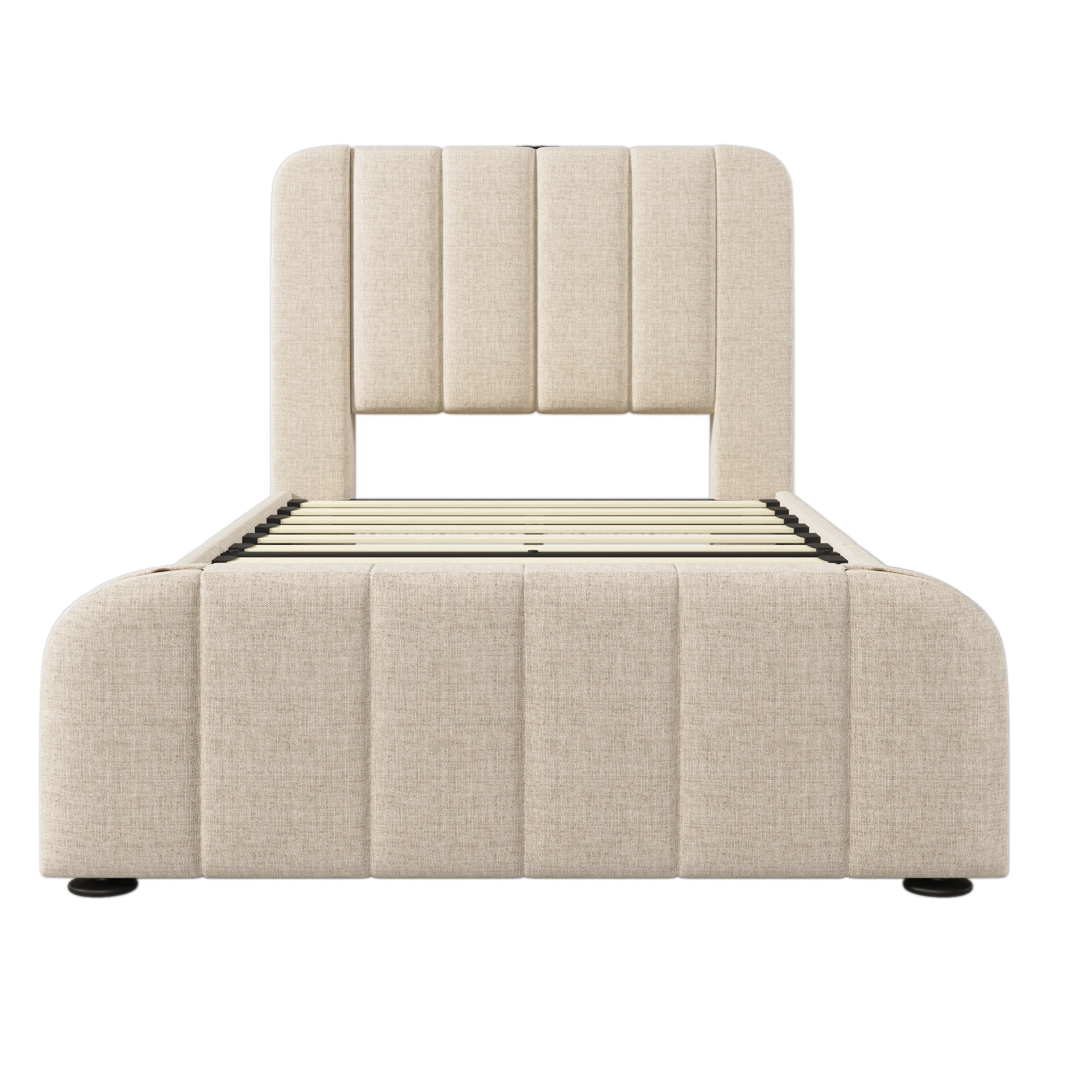 Cushion bed single bed, upholstered headboard with gold trim stripes, beige linen material with 4 drawers (without mattress)