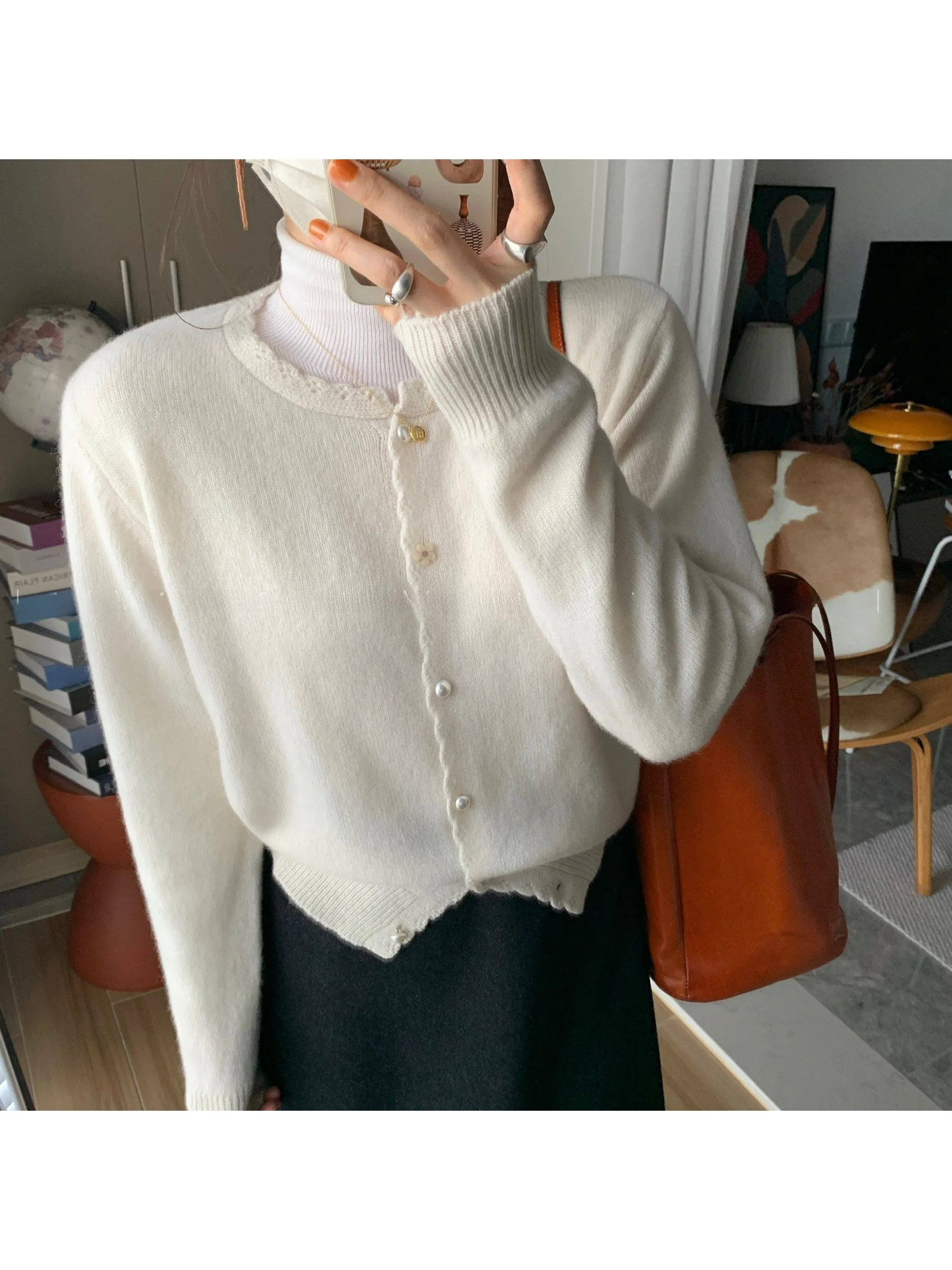 

Женский вязаный кардиган Miss White Bellflower с нежными рюшами и жемчужными пуговицами, теплый, утолщенный, с длинными рукавами, для повседневной носки, модель 033