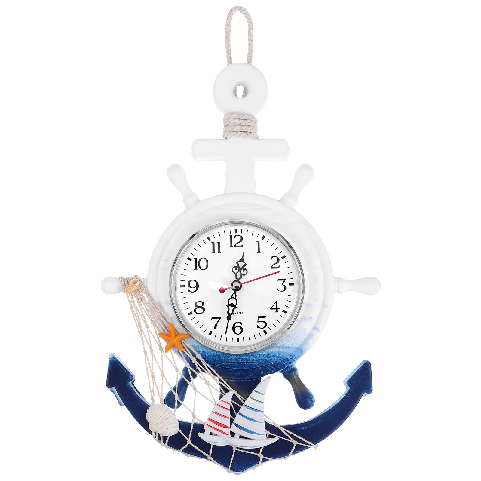 

Ship Steering Wheel Clock Blue Ornaments Wall Decorative Boat Anchor Bamboo Retro