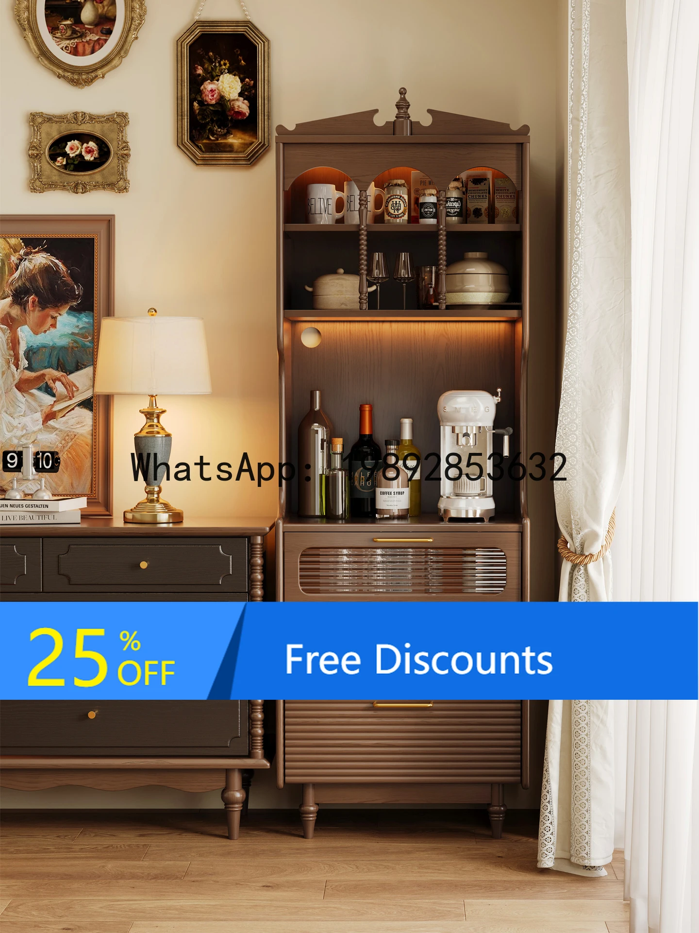 YFY American Retro Solid Wood  Wall-Mounted  Storage Cabinet Living Room Storage Water Bar Counter Vintage Narrow Side Cabinet