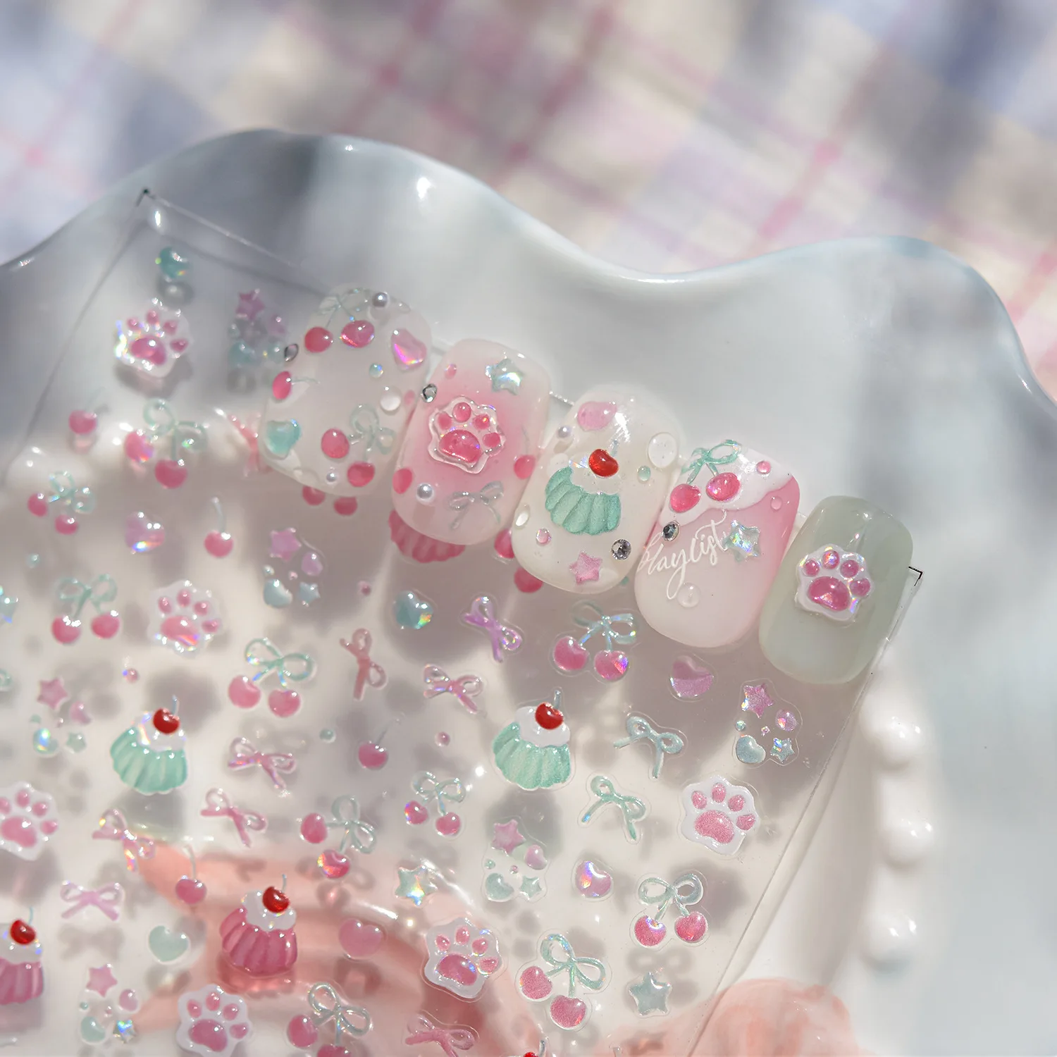 1pcs Cute Small Cat Claw Cherry Nail Art Charms Stickers Shiny 5D Jelly Cherry Pudding Bows Design Adhesive Sliders Nail Decals