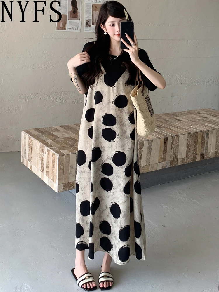 

NYFS 2025 Korean Style Women's Summer Dress Loose plus Size Short Sleeve Dot Two fakes Sling Long Dress Robe Elbise
