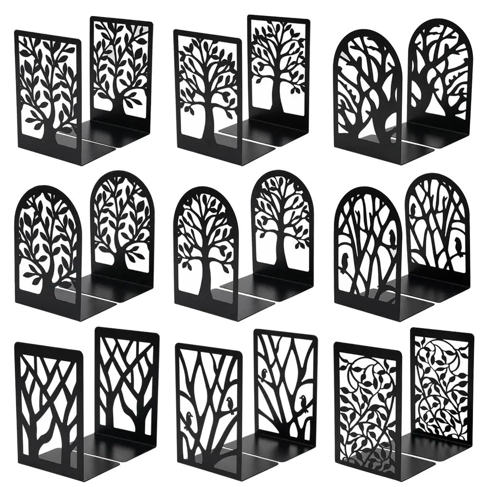2Pcs Portable Metal Metal Bookends Hollow Tree Pattern T-Shape Book Supports Non Slip Book Stopper Students