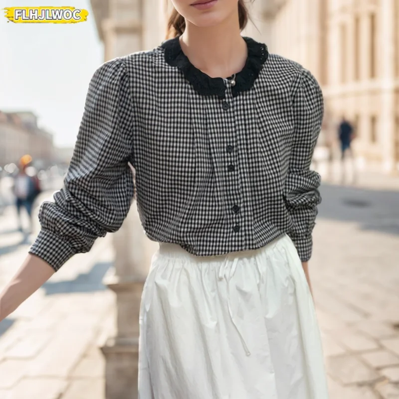 

Black Plaid Shirts New Design Women Long Sleeve Chic Korea Cute Sweet Japan Style Loose Casual Retro Cotton Blends Button Shirt