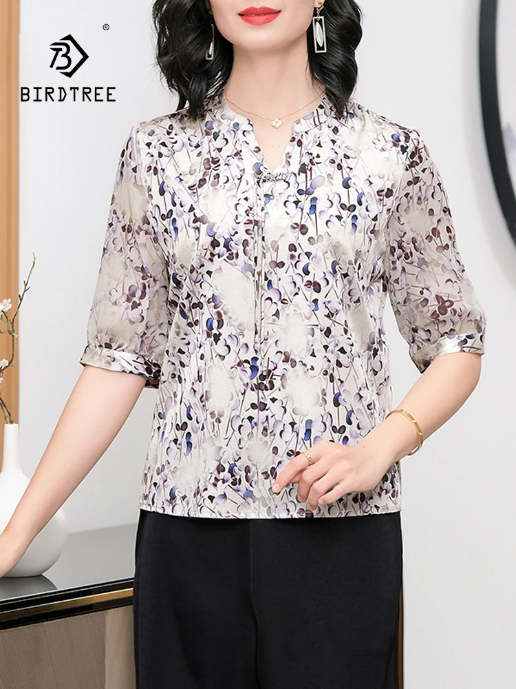 

BirdTree, 91.8%Real Silk Elegant Shirts, Women Short Sleeve V Neck Printed, Loose Mom Vintage Blouses, 2024 Summer New T44884QC