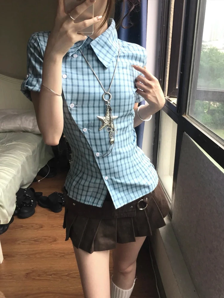 Genayooa Japanisches Y2k-Karohemd für Damen, schmal geschnittene Kurzarmbluse und Hemd, Streetwear, amerikanische Retro-Hemden im unregelmäßigen Vintage-Stil – Detail 5