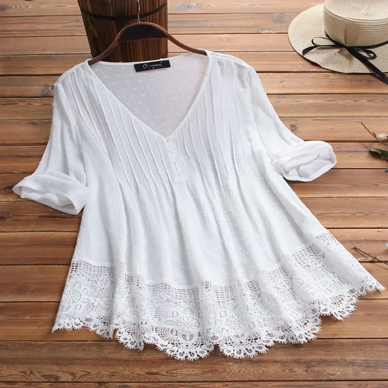 

Summer new plus-size shirt fashion women's solid color jacquard pleated lace hollow V-neck shirt