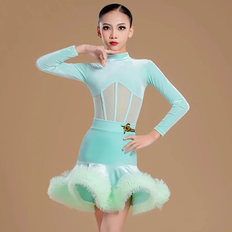 

Kids Girls Dancewear Winter Autumn Velvet Latin Dance Bodysuit and Lace Chiffon Stage Performance Practice Dance Clothes