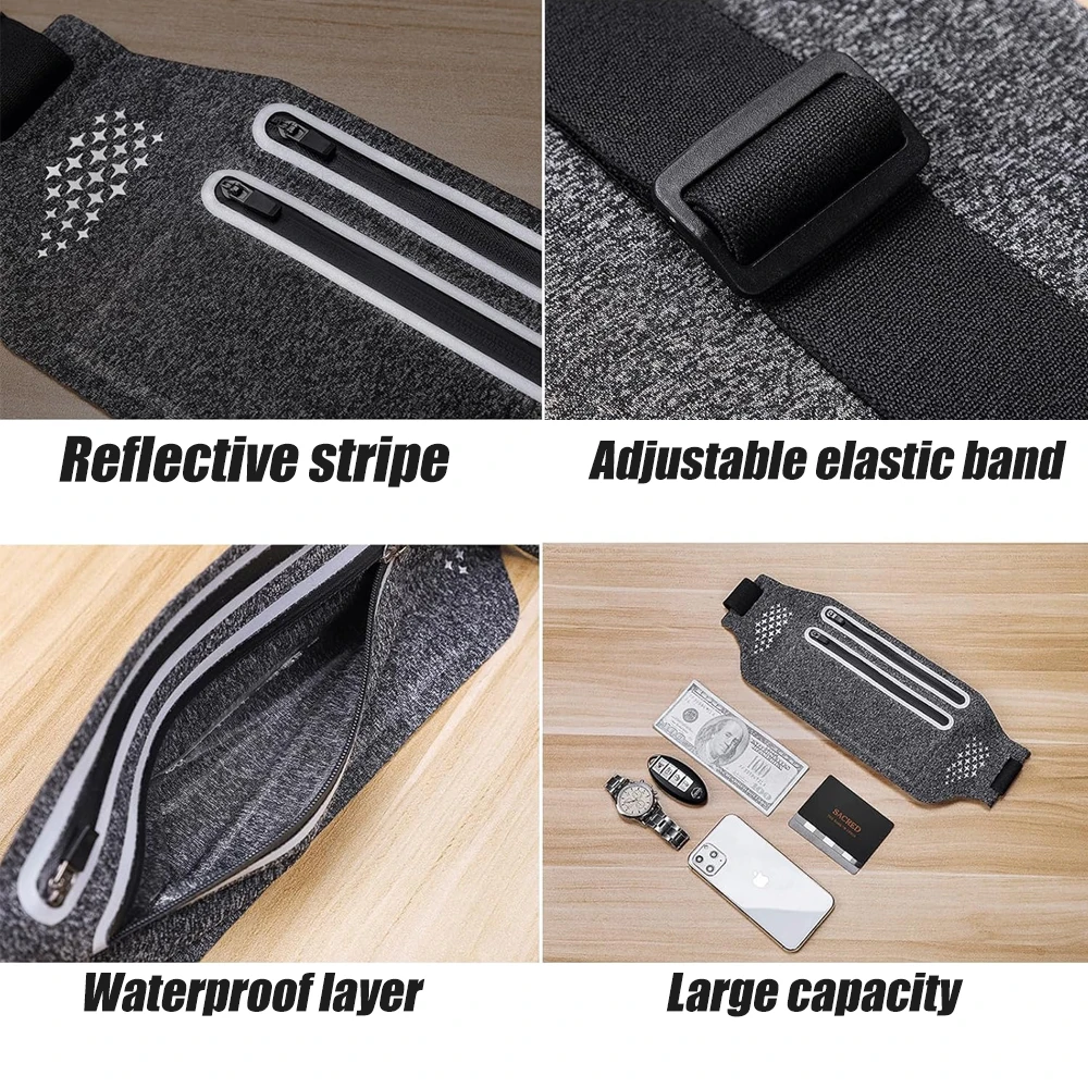 حزمة مراوح عاكسة مقاومة للماء مع فتحة لسماعة الأذن وجيوب متعددة - حقيبة خصر قابلة للتعديل لتشغيل حفلة اللياقة البدنية والسفر