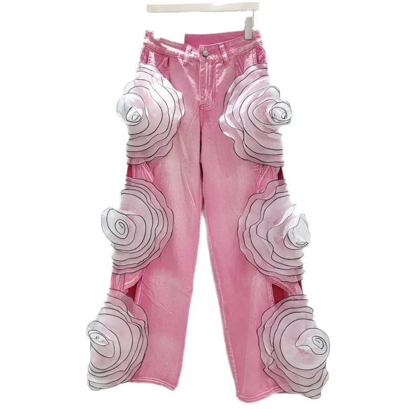 Jeans mit großem Blütenblatt-Hohldesign auf der Seite, Damen-Frühlings- und Sommerneue, hoch taillierte, lockere und dünne, vielseitige Hose mit weitem Bein