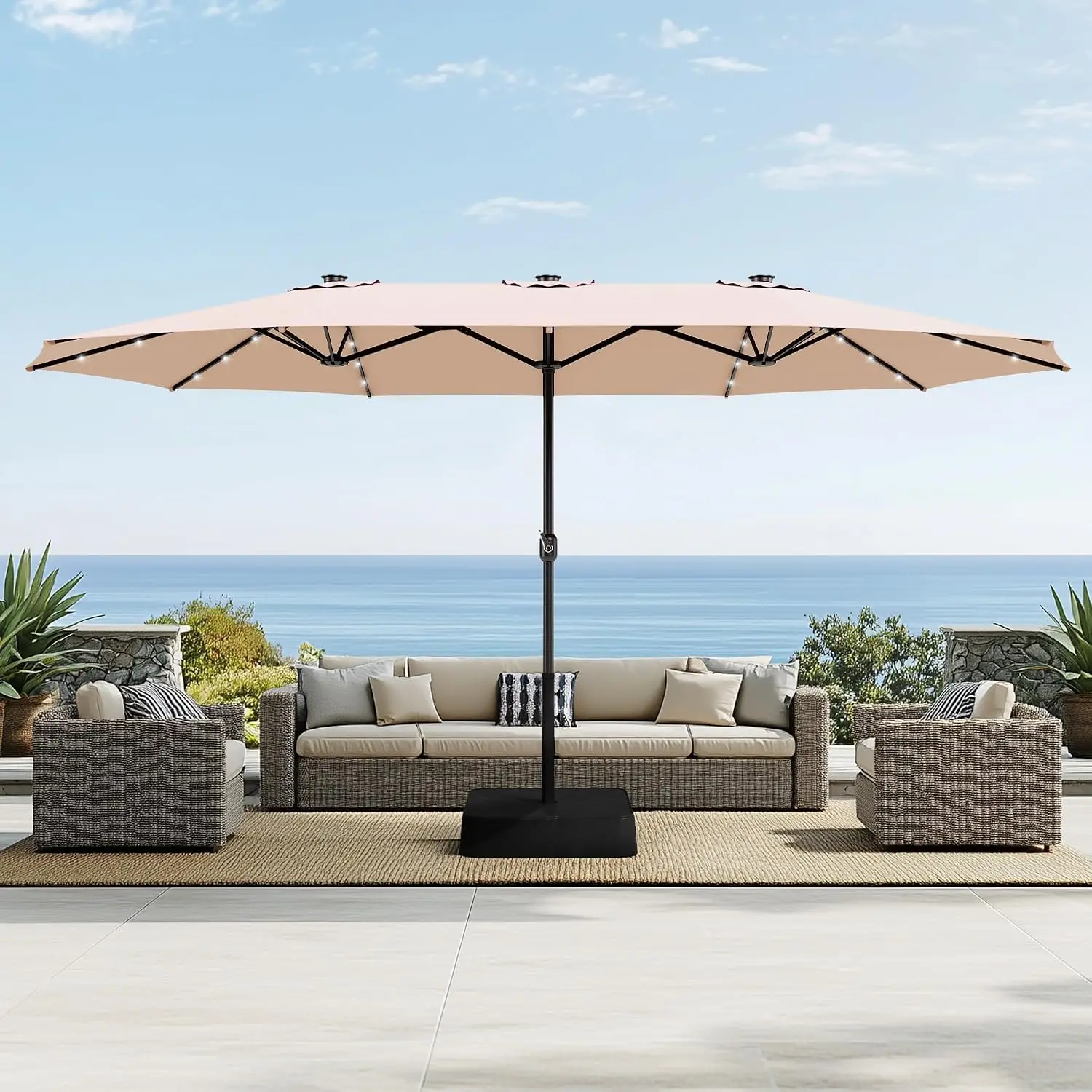 15ft Outdoor Patio Umbrella with Solar Lights&Base, Beige | Extra Large Rectangular Outdoor Umbrella, Market, Customized