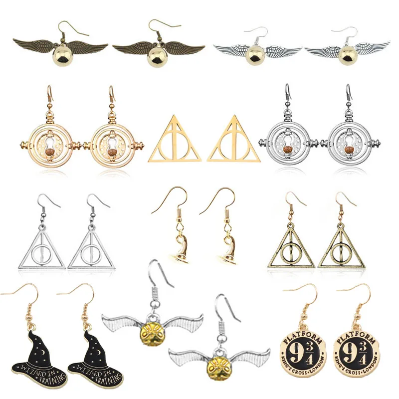 Hogwarts Earrings Cute Cartoon Golden Snitch Time-Turner The Deathly Hallows Dangle Earrings for Women Jewelry Accessories Gifts