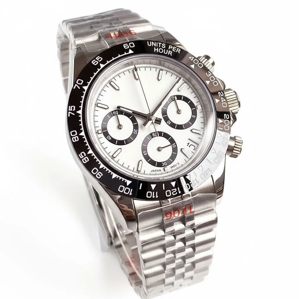 39 مللي متر Tandorio الأبيض الهاتفي كامل كرونوغراف اليابان VK63 ساعة متعددة الوظائف كوارتز رجالي ساعة معصم الياقوت الزجاج #1