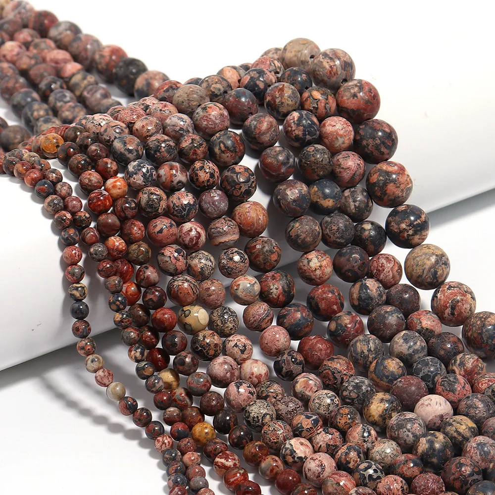 Natural Red Leopard Skin Stone Beads Round Loose Jasper Spacer Beads for Jewelry Making Diy Bracelet Necklace 4/6/8/10/12mm 15in