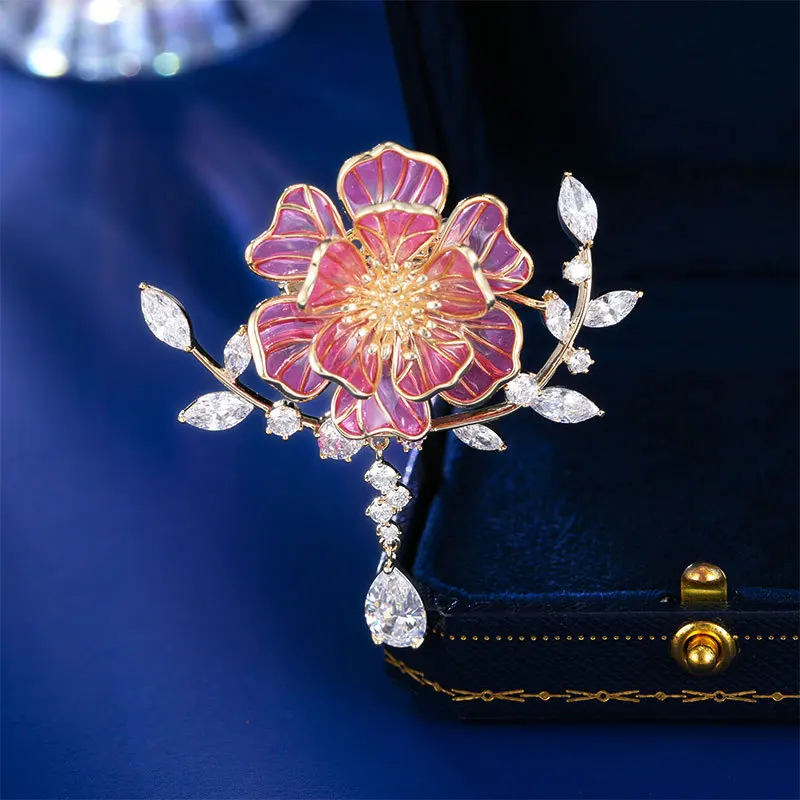 Chinese Style Auspicious Blooming Peony Brooch Pin Inlaid Sparkling Zircon Elegant Lucky Wealth Blessing Jewelry For Women Gift