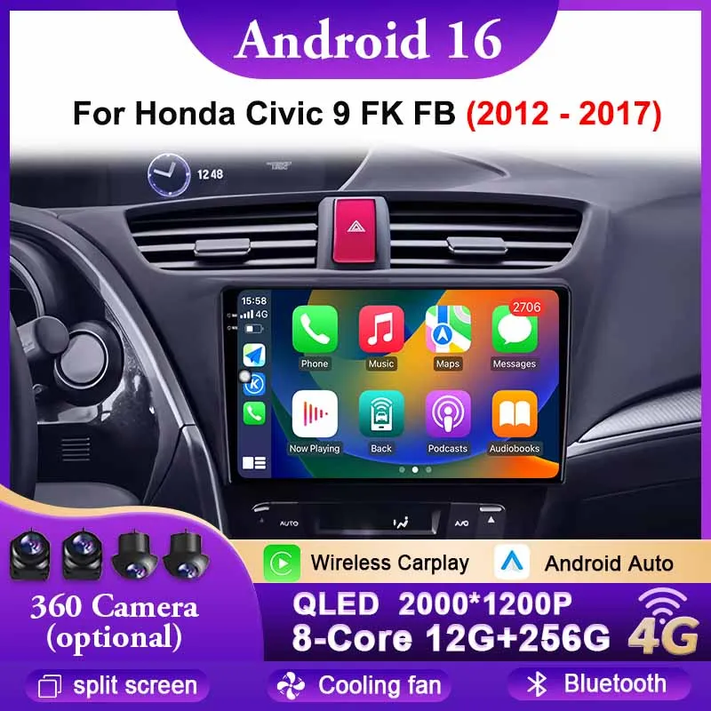 Wireless CarPlay Android Auto For Honda Civic 9 FK FB 2012-2017 Car Radio Intelligent WIFI 4G Multimedia Player Navigation GPS