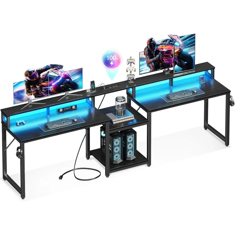 

98-дюймовый игровой стол на 2 человека с полками для хранения, длинные двойные письменные столы для домашнего офиса с USB-зарядкой P